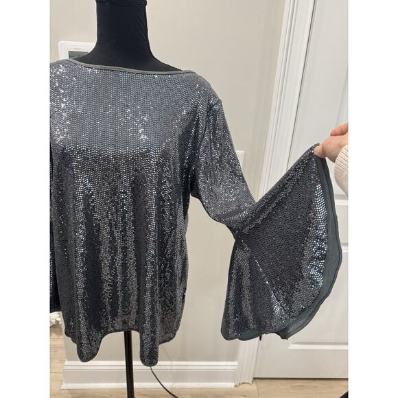 Vince Camuto Sequined Silver Metallic Flutter Bell Sleeve Shirt Dolman XL - Picture 1 of 10